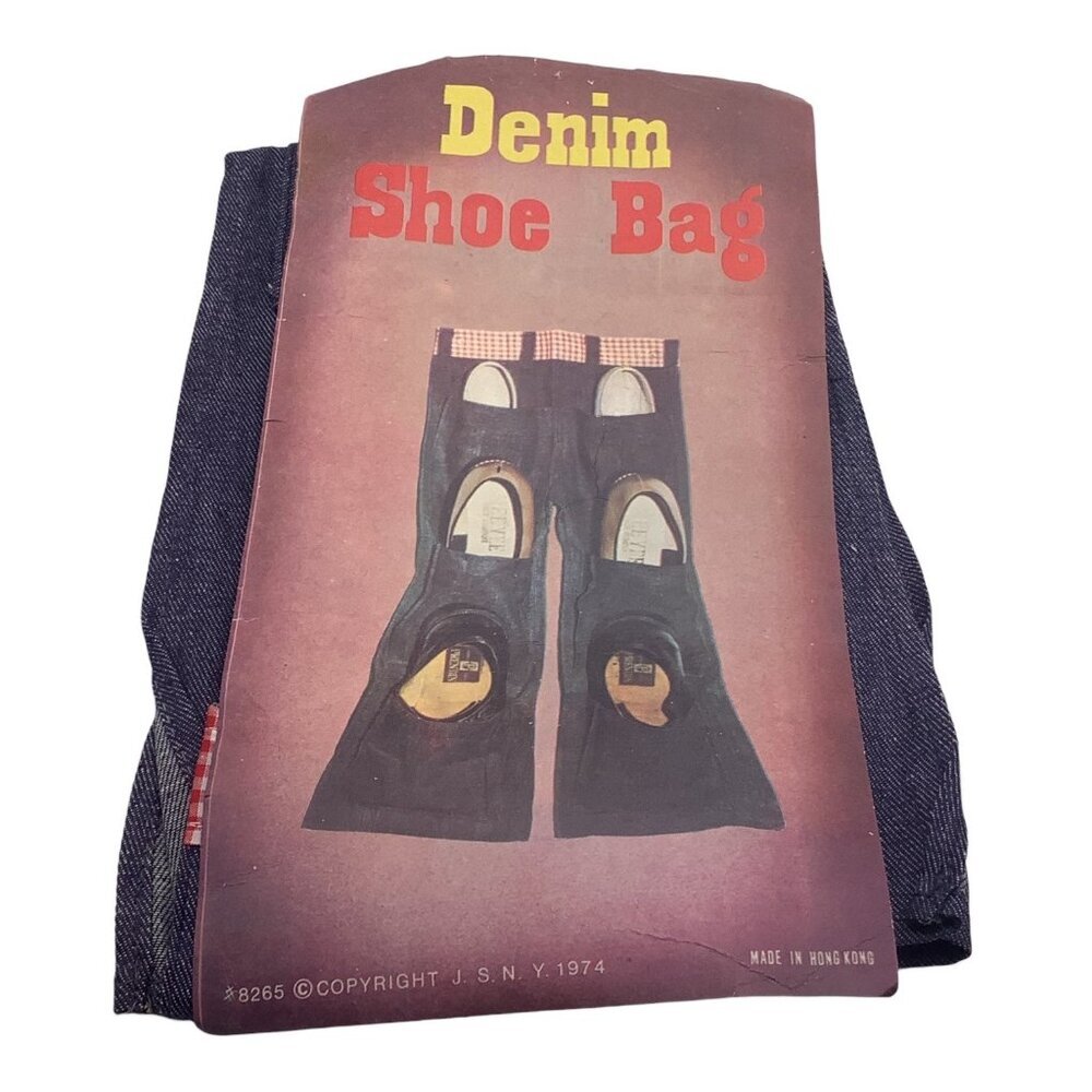 Denim Shoe Bag Unisex Red Gingham Trim‎ & Multiple Pockets For 3 Pair of Shoes